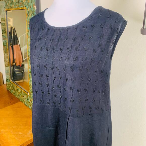 Vintage Size XL Linen Rayon 2-Piece Lagenlook Artsy Black Embroidered Dress Set - Picture 3 of 10